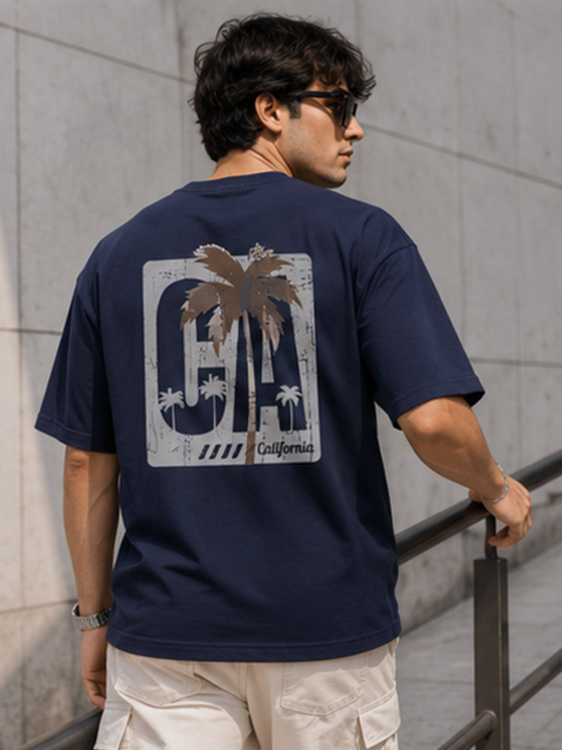 Men's Oversized Drop Shoulder T-Shirt | Pure Cotton Relaxed Fit Round Neck Pullover Tee (Navy Blue)