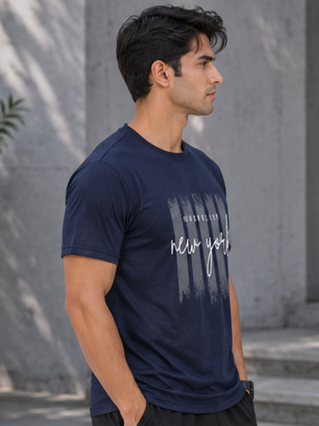 Men's Quick Dry Sports T-Shirt | Printed Gym Workout Running Training Activewear Tee (Navy Blue)