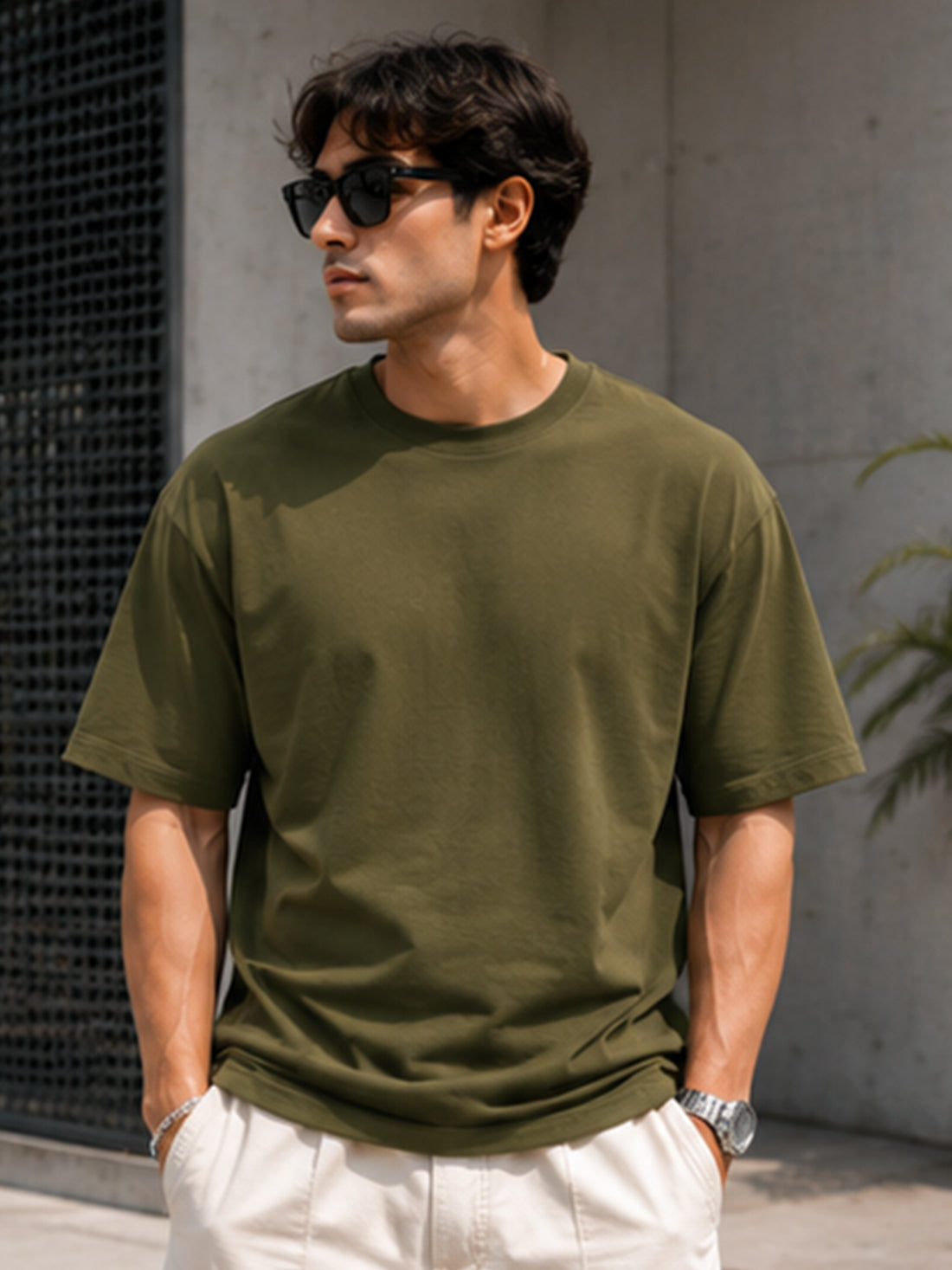 Men's Oversized Drop Shoulder T-Shirt | Pure Cotton Relaxed Fit Round Neck Pullover Tee (Olive)
