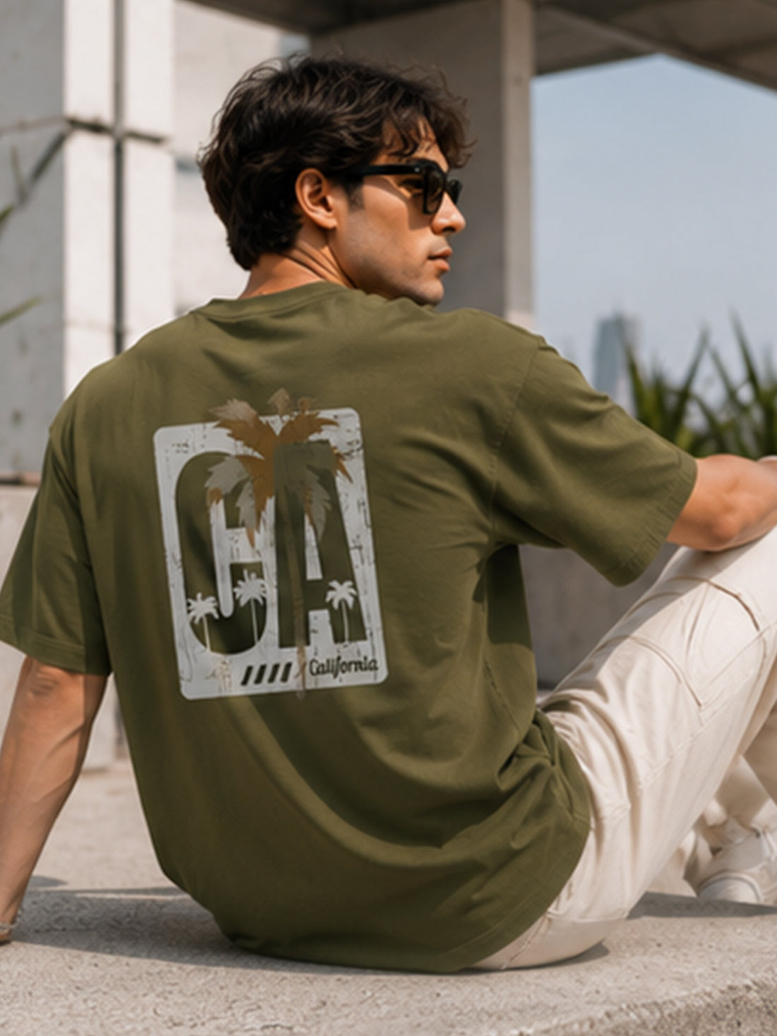 Men's Oversized Drop Shoulder T-Shirt | Pure Cotton Relaxed Fit Round Neck Pullover Tee (Olive)