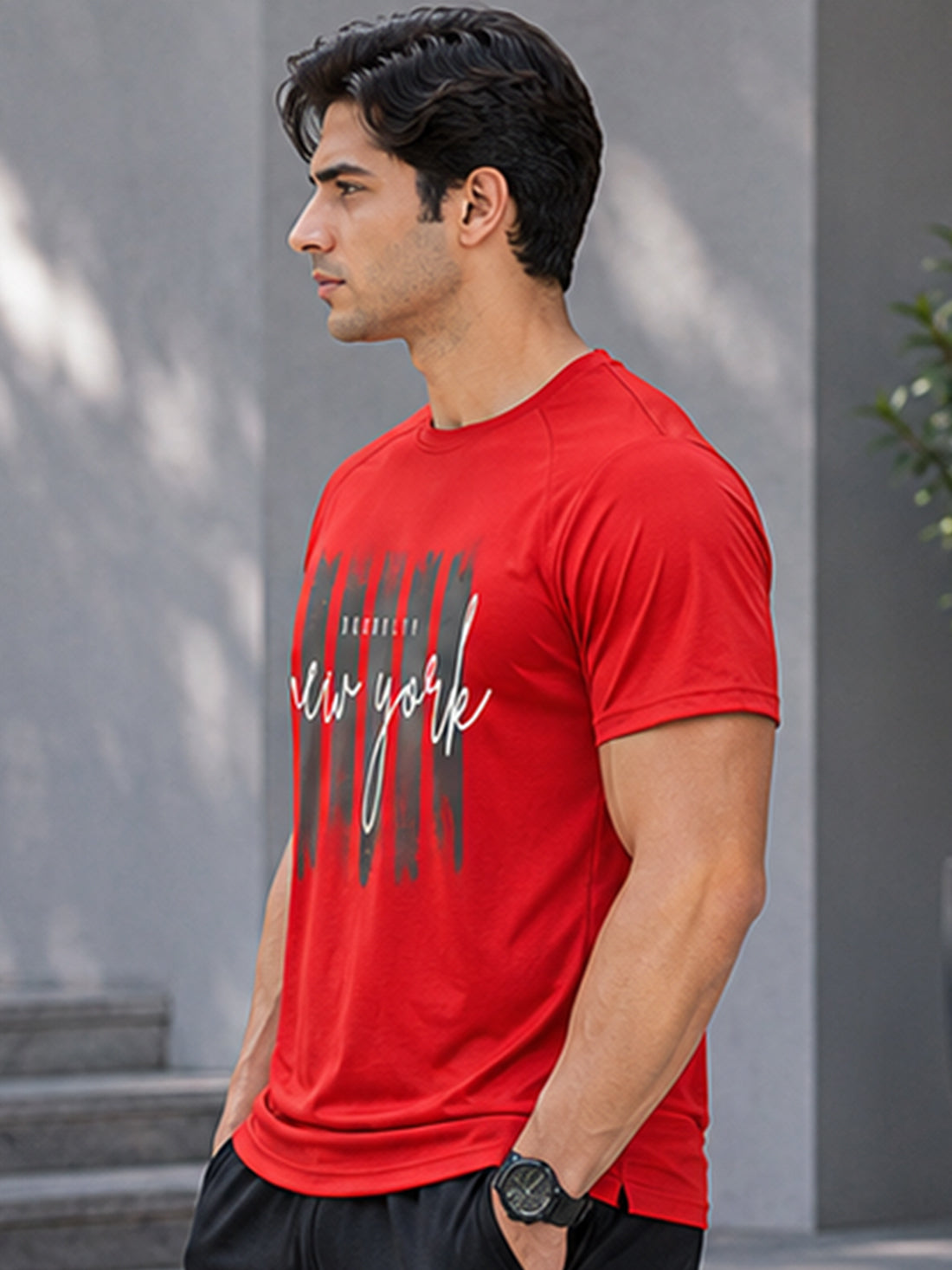 Men's Quick Dry Sports T-Shirt | Printed Gym Workout Running Training Activewear Tee (Red)
