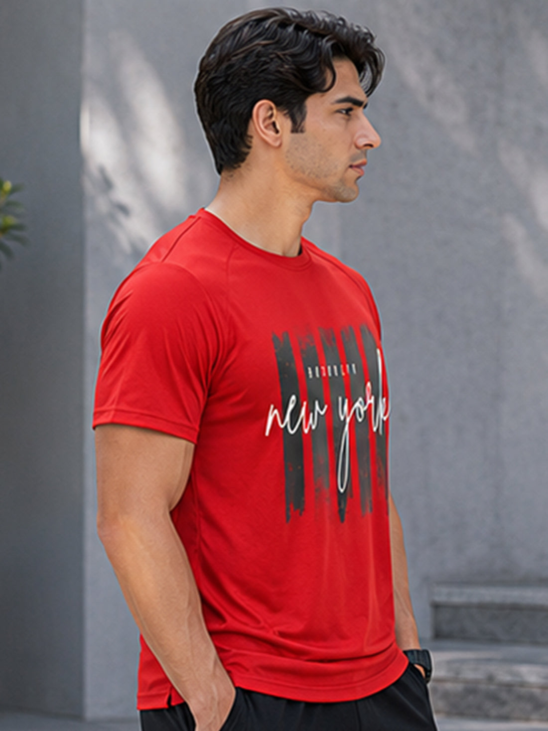 Men's Quick Dry Sports T-Shirt | Printed Gym Workout Running Training Activewear Tee (Red)