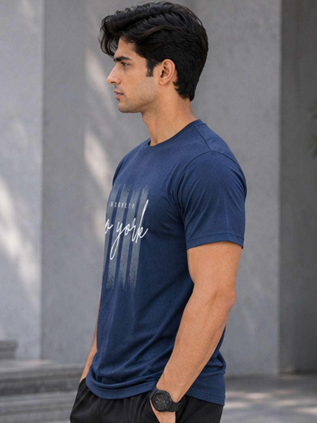 Men's Quick Dry Sports T-Shirt | Printed Gym Workout Running Training Activewear Tee (Blue)