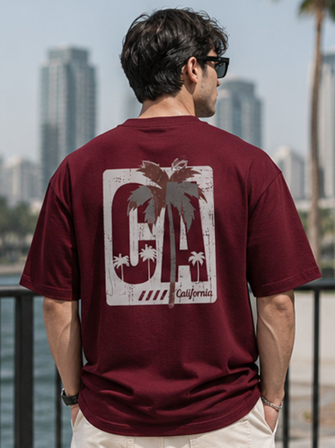 Men's Oversized Drop Shoulder T-Shirt | Pure Cotton Relaxed Fit Round Neck Pullover Tee (Wine)