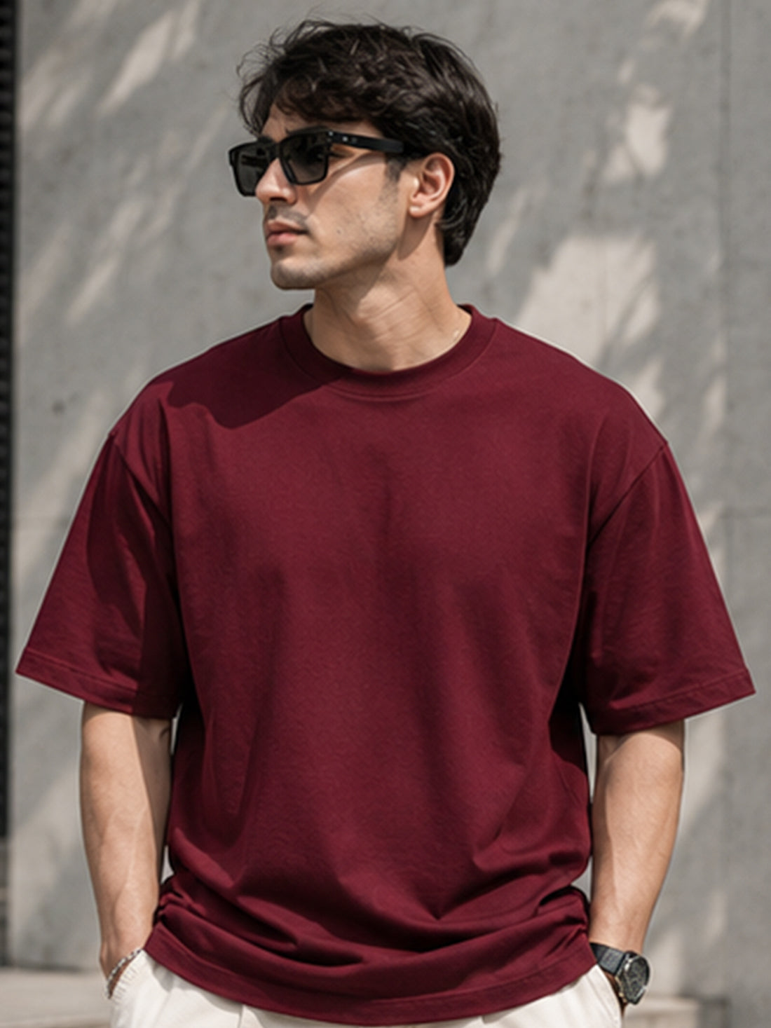 Men's Oversized Drop Shoulder T-Shirt | Pure Cotton Relaxed Fit Round Neck Pullover Tee (Wine)