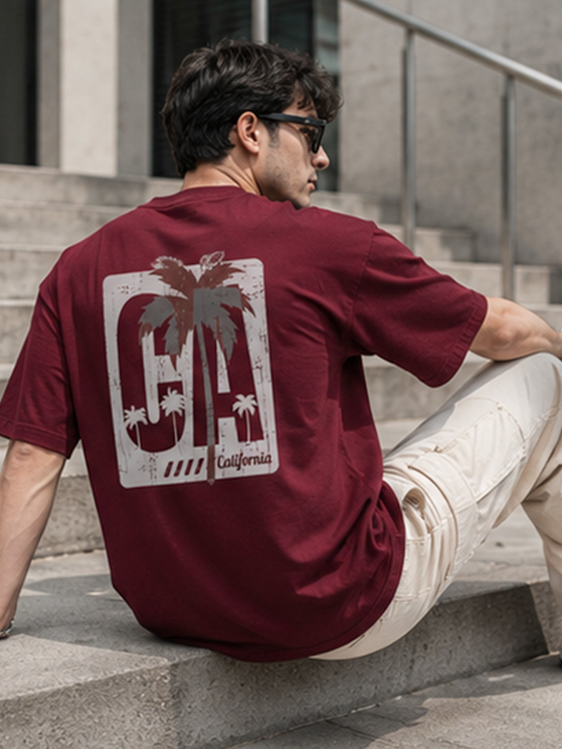 Men's Oversized Drop Shoulder T-Shirt | Pure Cotton Relaxed Fit Round Neck Pullover Tee (Wine)