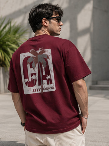 Men's Oversized Drop Shoulder T-Shirt | Pure Cotton Relaxed Fit Round Neck Pullover Tee (Wine)
