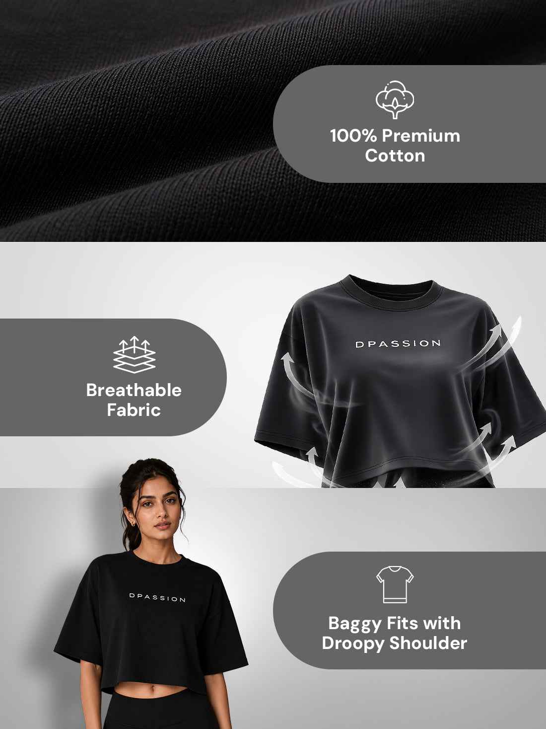 Oversized Pure Cotton Cropped T-Shirt | Drop Shoulder Graphic Printed Casual Tee (Dark Grey)