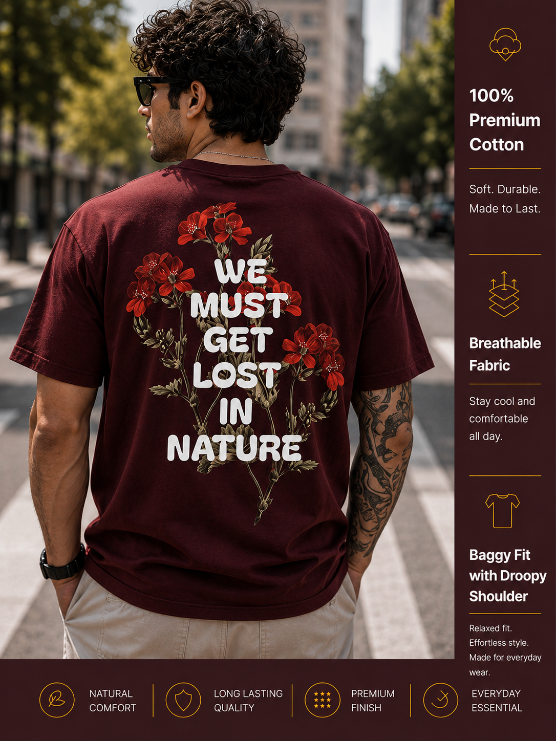Men's Oversized Drop Shoulder T-Shirt | 100% Cotton Relaxed Fit Round Neck Streetwear Tee (Wine)