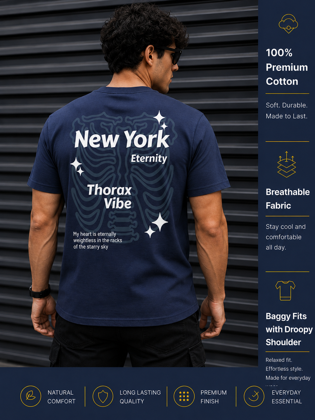Men's Oversized Drop Shoulder T-Shirt | Pure Cotton Relaxed Fit Round Neck Tee (Navy Blue)