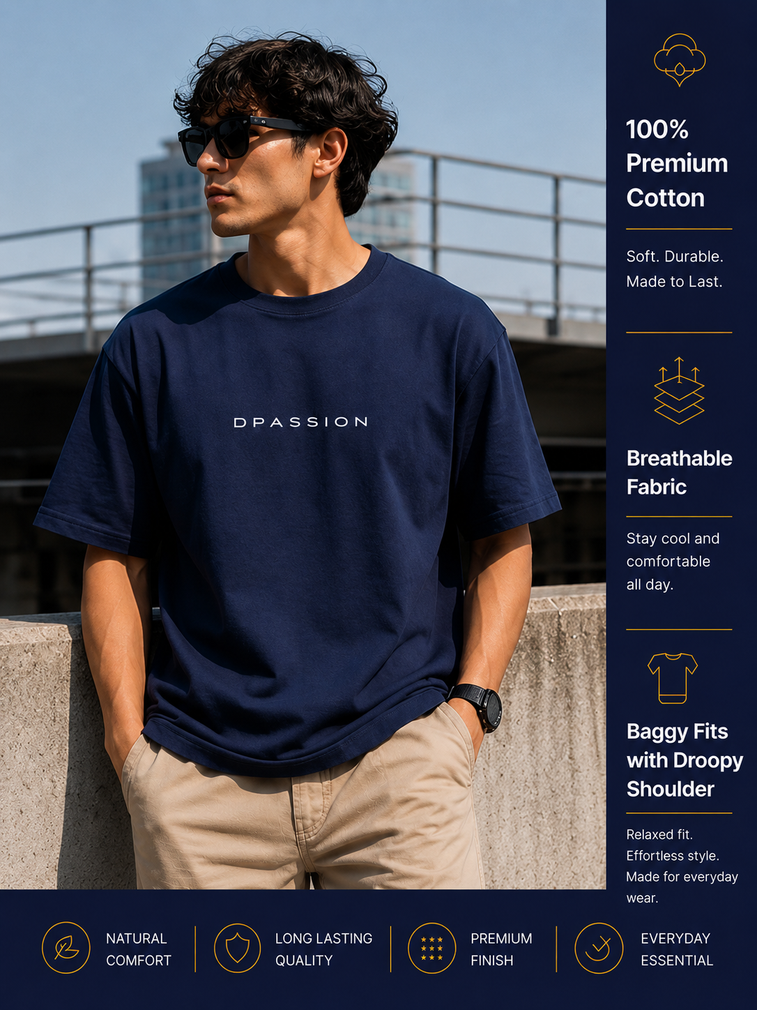 Men's Oversized Drop Shoulder T-Shirt | Pure Cotton Activewear Relaxed Fit Round Neck Streetwear Tee (Navy Blue)