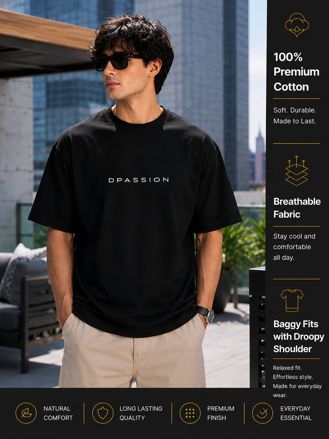 Men's Oversized Drop Shoulder T-Shirt | Pure Cotton Activewear Relaxed Fit Round Neck Streetwear Tee (Black)