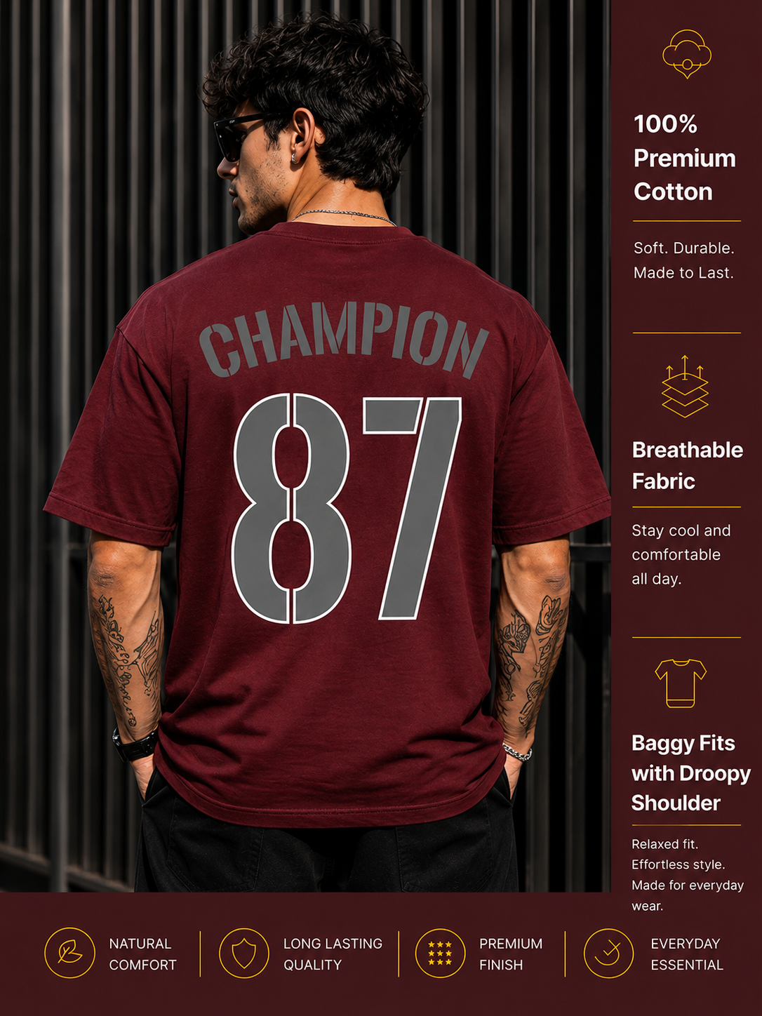 Men's Oversized Drop Shoulder T-Shirt | Cotton Blend Relaxed Fit Round Neck Streetwear Tee (Wine)