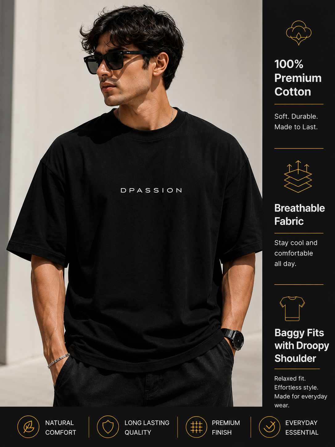 Men's Oversized Drop Shoulder T-Shirt | Cotton Fabirc Relaxed Fit Round Neck Streetwear Tee (Black)