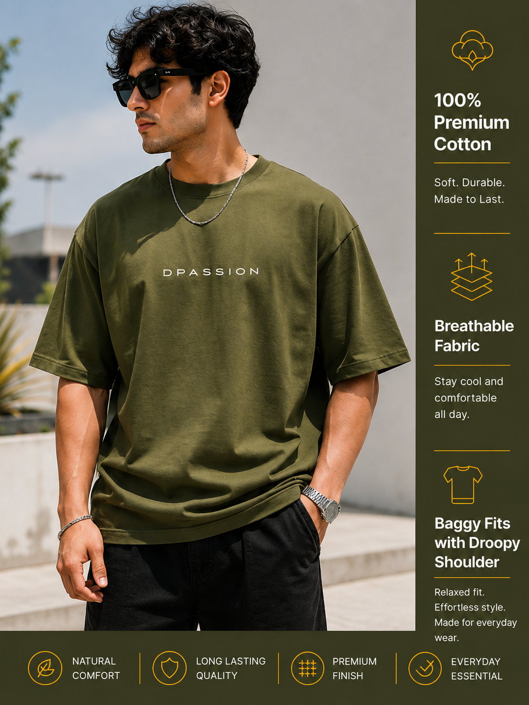 Men's Oversized Drop Shoulder T-Shirt | Cotton Fabirc Relaxed Fit Round Neck Streetwear Tee (Olive)