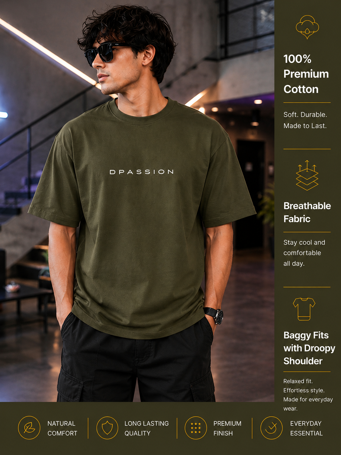 Men's Oversized Drop Shoulder T-Shirt | Pure Cotton Activewear Relaxed Fit Round Neck Streetwear Tee (Olive)