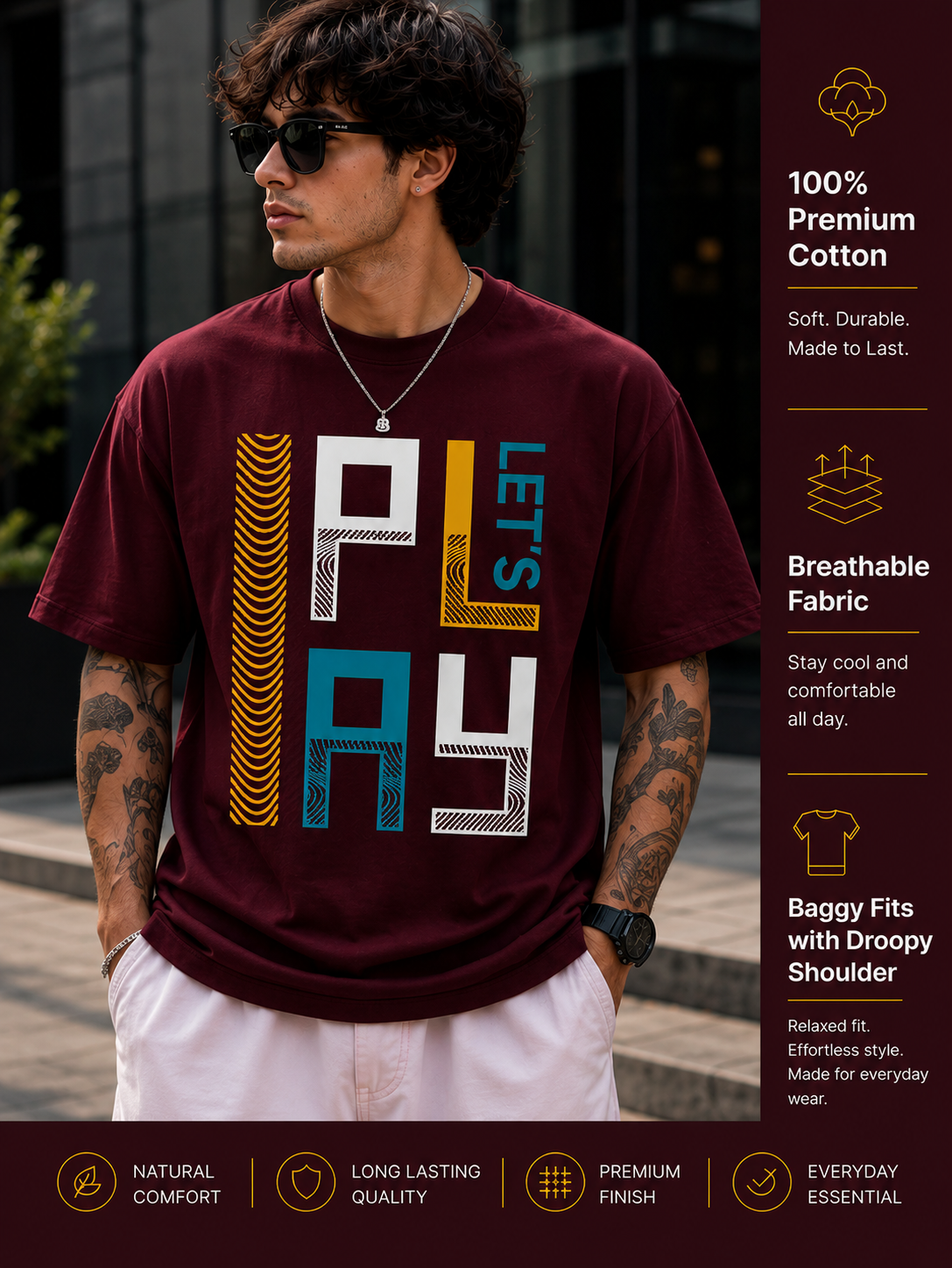 Men's Oversized Drop Shoulder T-Shirt | Pure Cotton Relaxed Fit Round Neck Streetwear Pullover Tee (Wine)