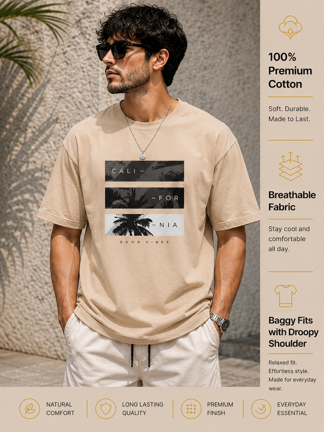 Men's Drop Shoulder T-Shirt | Pure Cotton Relaxed Fit Round Neck Streetwear Tee (Beige)