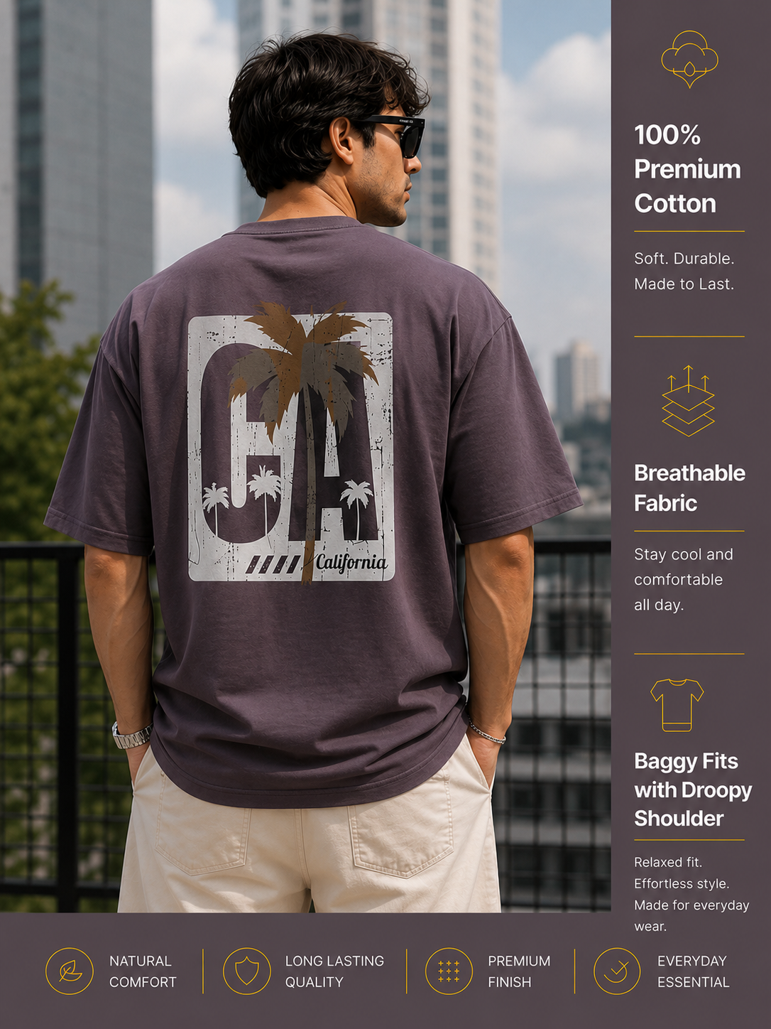 Men's Oversized Drop Shoulder T-Shirt | Pure Cotton Relaxed Fit Round Neck Pullover Tee (Grey)