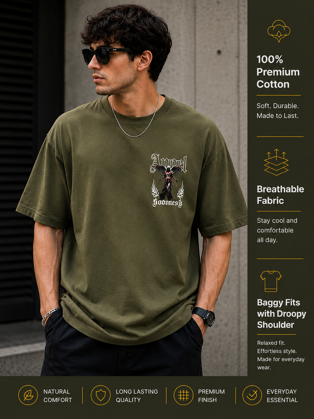 Men's Oversized Drop Shoulder T-Shirt | Pure Cotton Relaxed Fit Round Neck Streetwear T-Shirt (Olive)