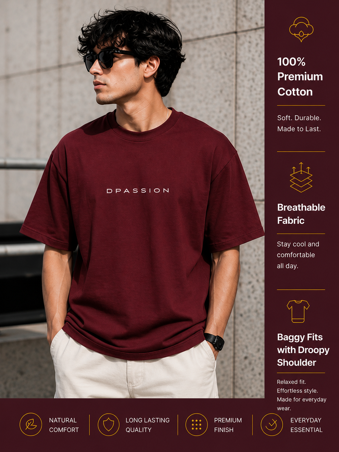 Men's Oversized Drop Shoulder T-Shirt | Pure Cotton Activewear Relaxed Fit Round Neck Streetwear Tee (Wine)
