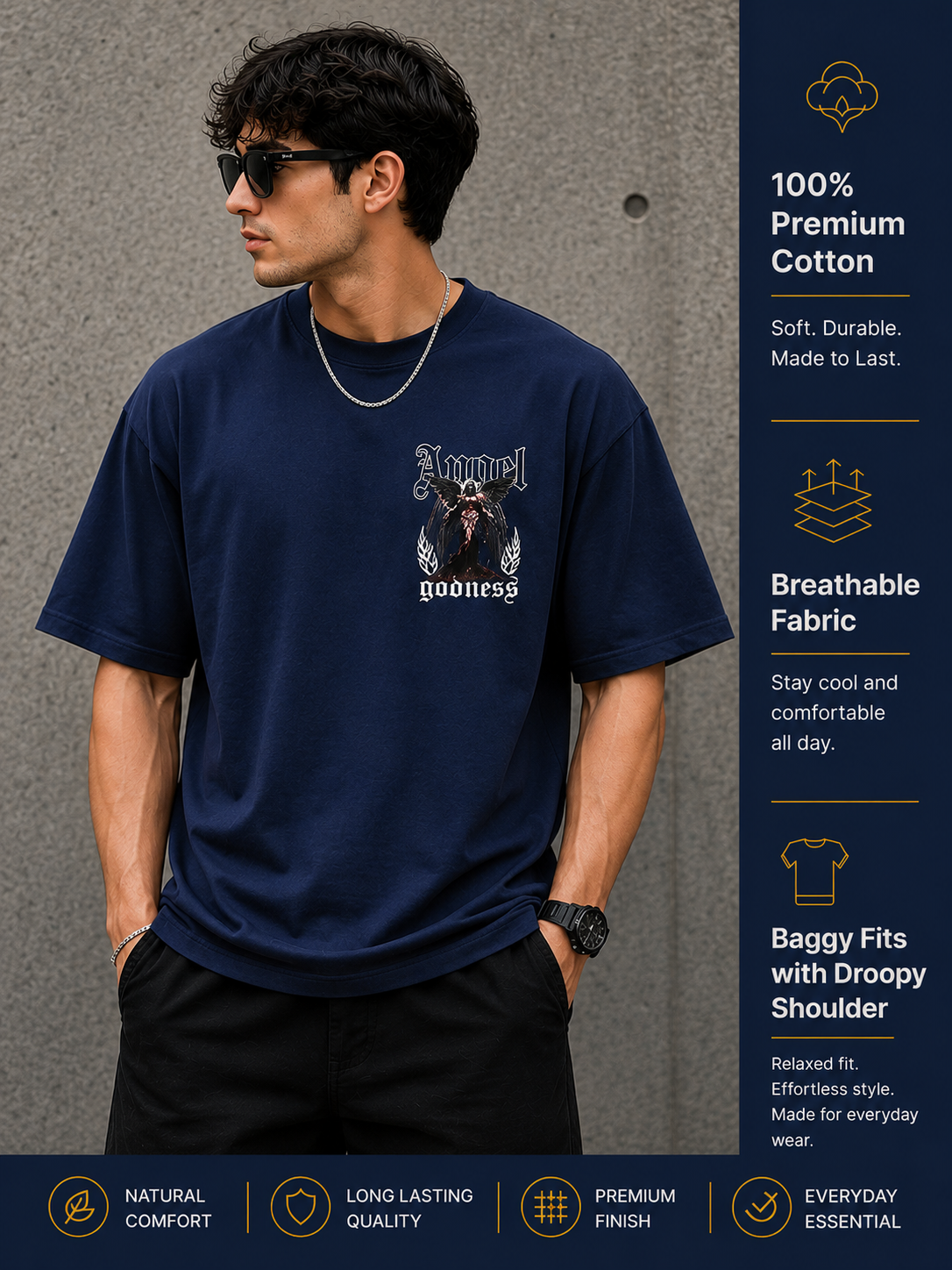 Men's Oversized Drop Shoulder T-Shirt | Pure Cotton Relaxed Fit Round Neck Streetwear T-Shirt (Navy Blue)
