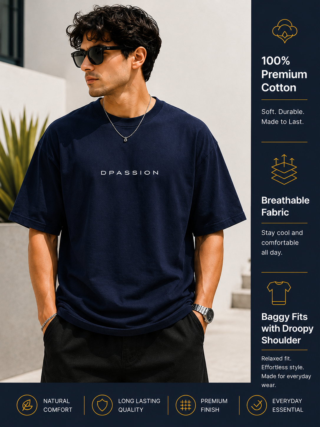 Men's Oversized Drop Shoulder T-Shirt | Cotton Fabirc Relaxed Fit Round Neck Streetwear Tee (Navy Blue)