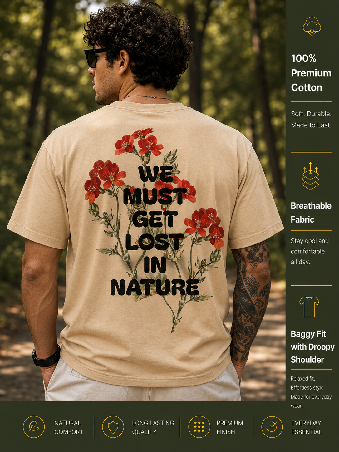Men's Oversized Drop Shoulder T-Shirt | 100% Cotton Relaxed Fit Round Neck Streetwear Tee (Beige)