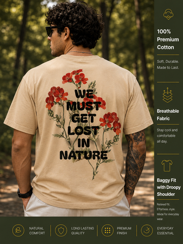 Men's Oversized Drop Shoulder T-Shirt | 100% Cotton Relaxed Fit Round Neck Streetwear Tee (Beige)