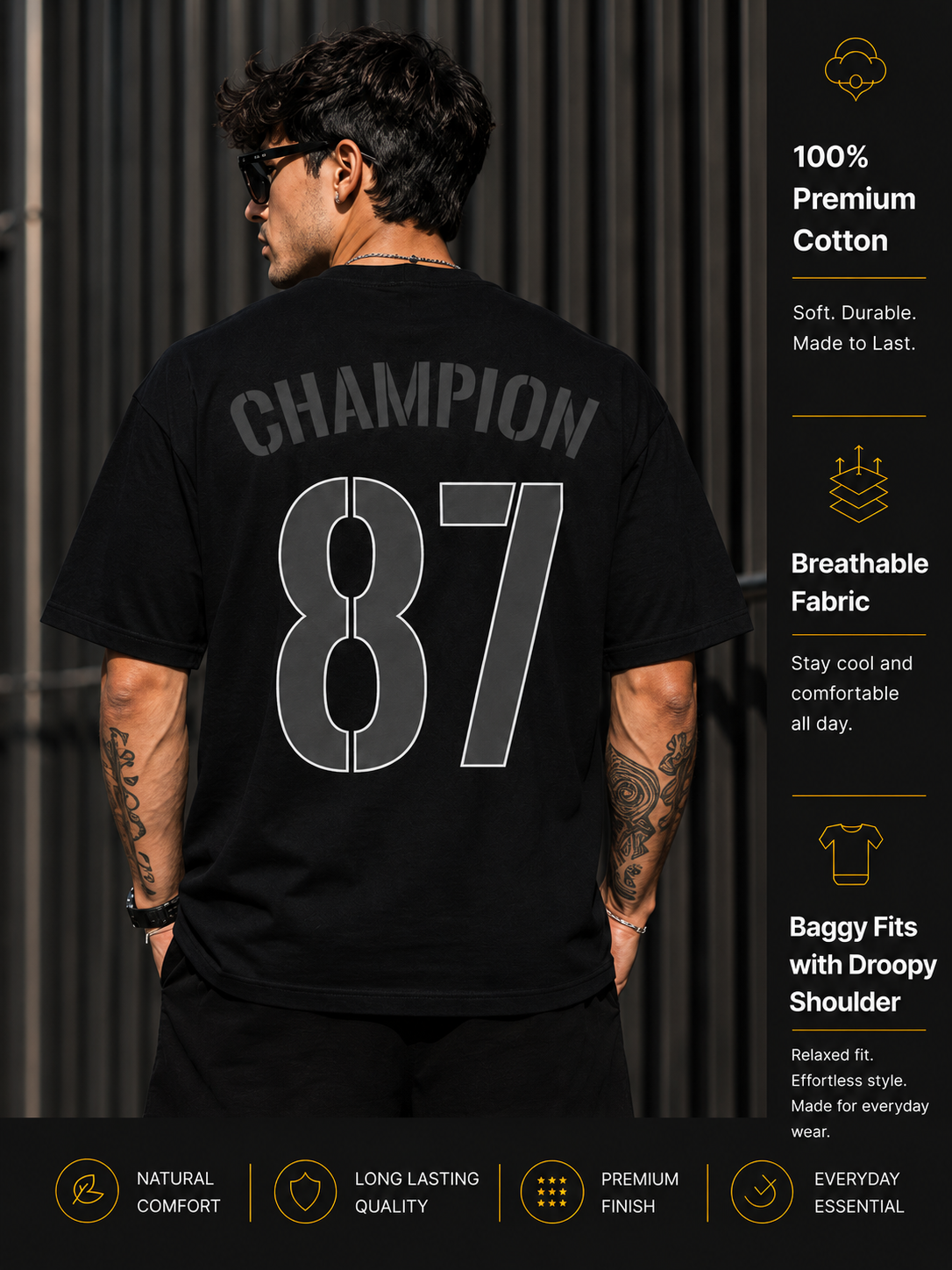 Men's Oversized Drop Shoulder T-Shirt | Cotton Blend Relaxed Fit Round Neck Streetwear Tee (Black)