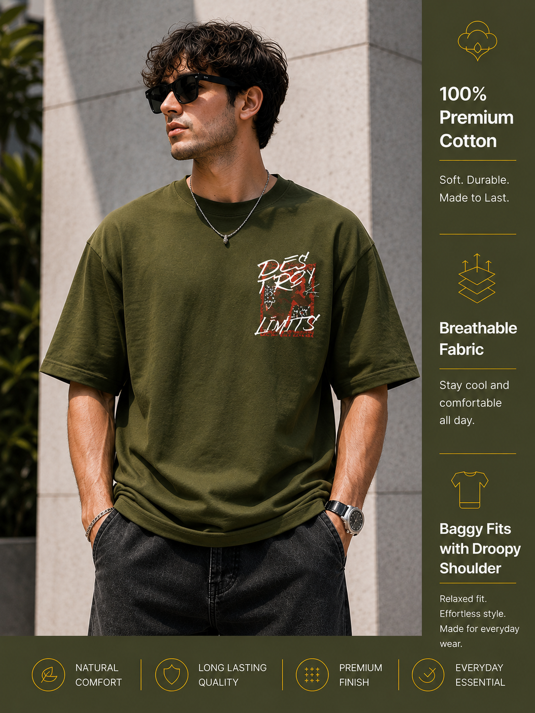 Men's Oversized Drop Shoulder T-Shirt | Pure Cotton Round Neck Relaxed Fit Streetwear Tee (Olive)