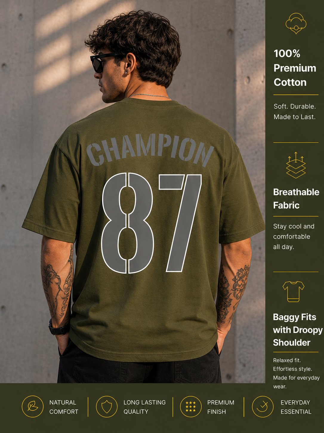 Men's Oversized Drop Shoulder T-Shirt | Cotton Blend Relaxed Fit Round Neck Streetwear Tee (Olive)