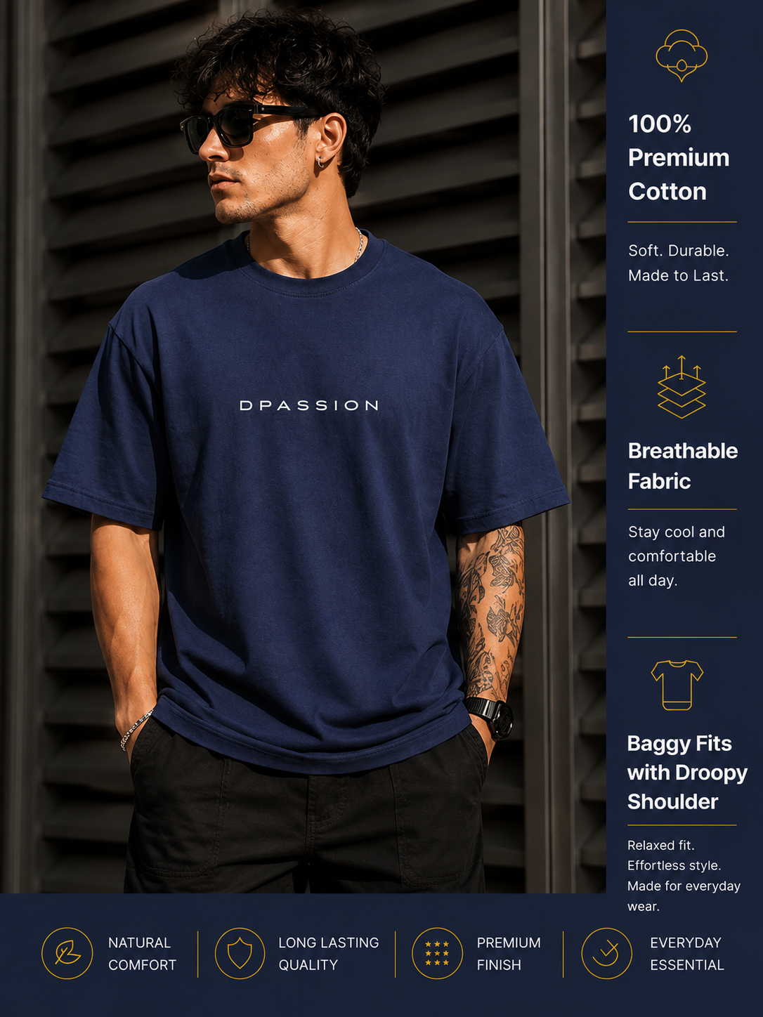 Men's Oversized Drop Shoulder T-Shirt | Pure Cotton Activewear Round Neck Streetwear Tee (Navy Blue)