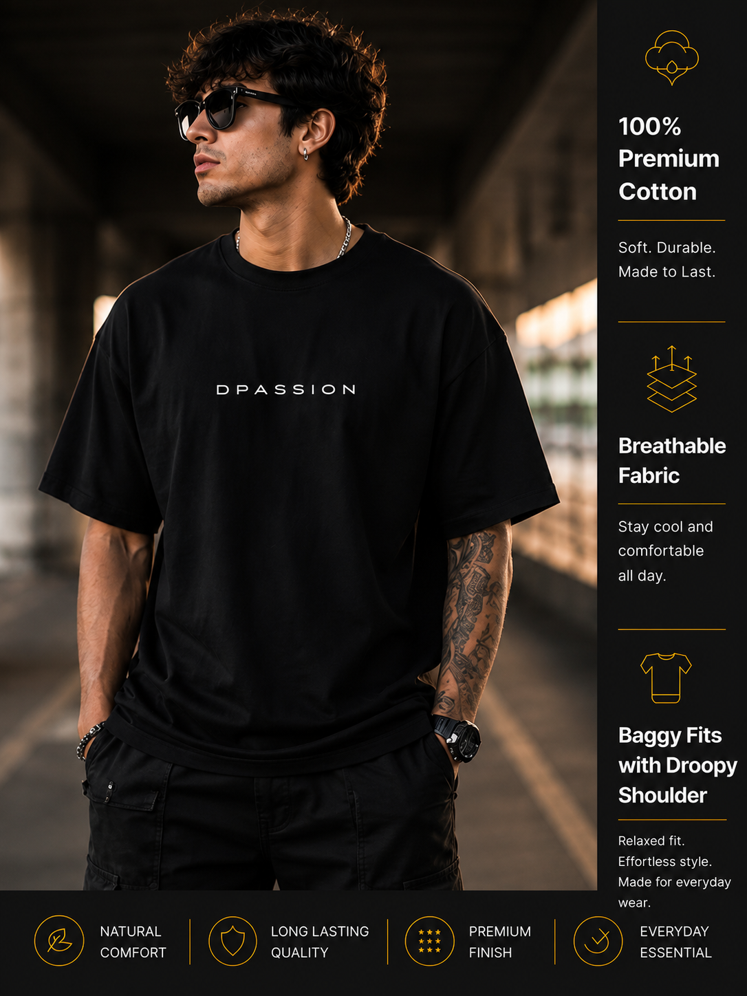 Men's Oversized Drop Shoulder T-Shirt | Pure Cotton Activewear Round Neck Streetwear Tee (Black)