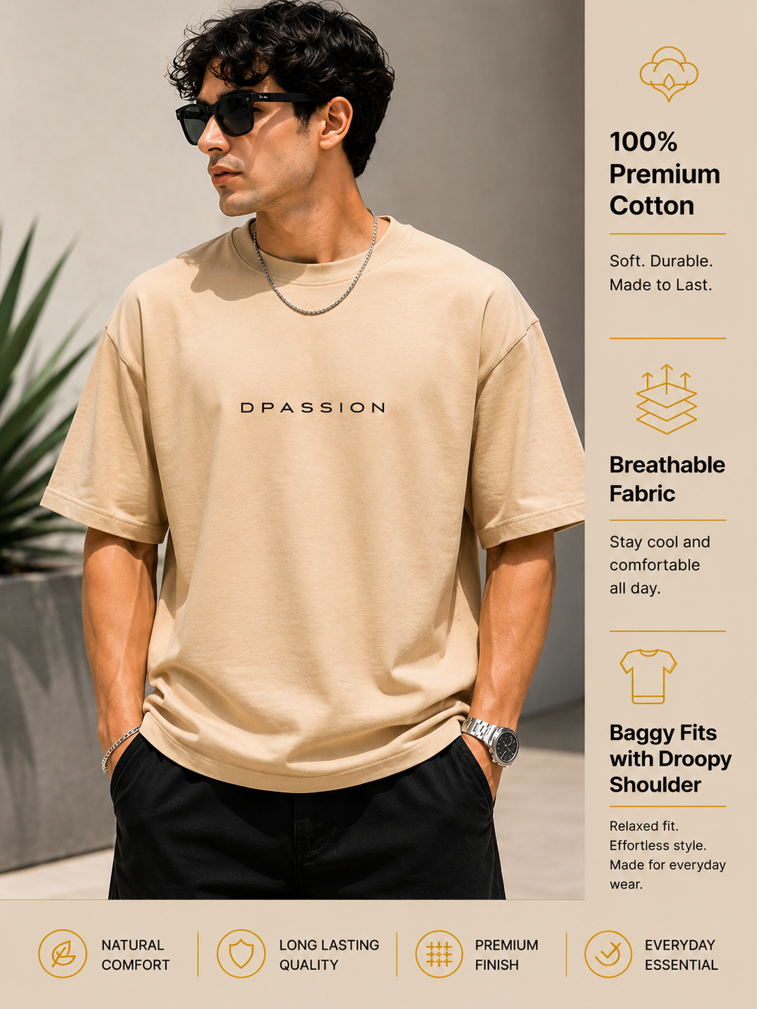 Men's Oversized Drop Shoulder T-Shirt | Cotton Fabirc Relaxed Fit Round Neck Streetwear Tee (Beige)