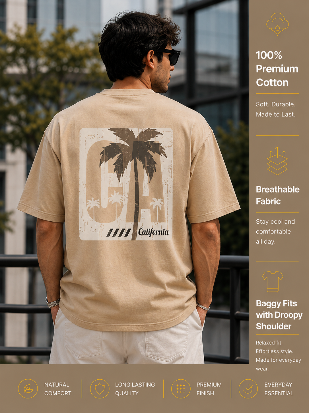 Men's Oversized Drop Shoulder T-Shirt | Pure Cotton Relaxed Fit Round Neck Pullover Tee (Beige)