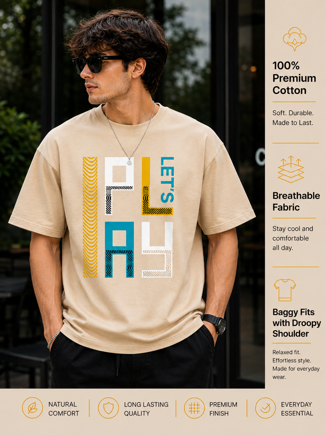 Men's Oversized Drop Shoulder T-Shirt | Pure Cotton Relaxed Fit Round Neck Streetwear Pullover Tee (Beige)