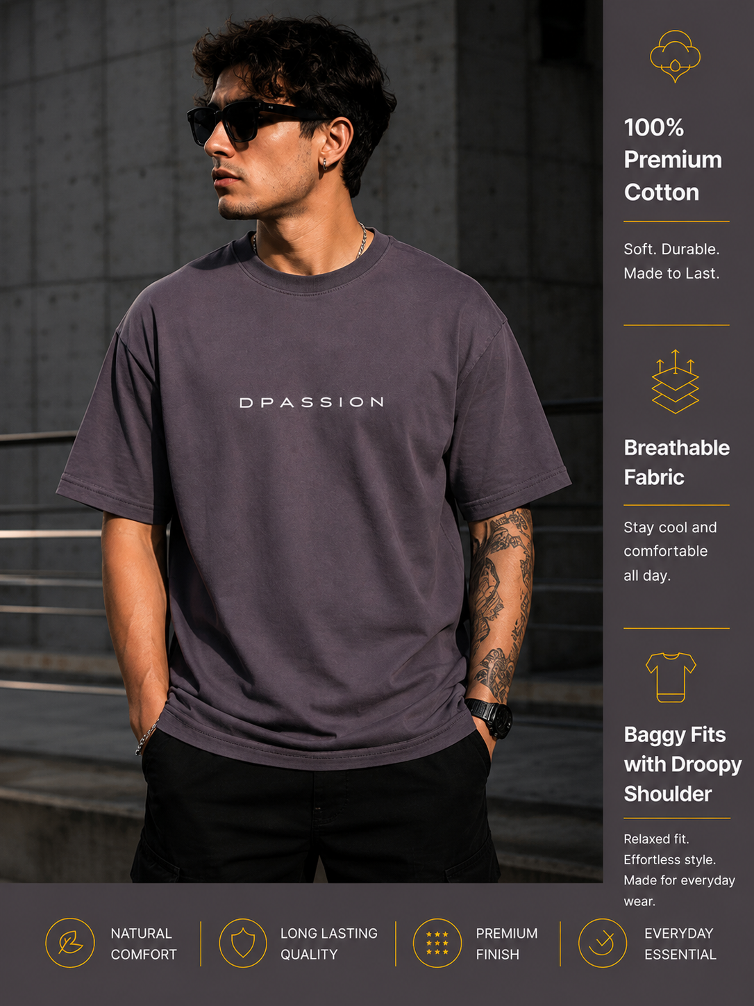 Men's Oversized Drop Shoulder T-Shirt | Pure Cotton Activewear Round Neck Streetwear Tee (Grey)