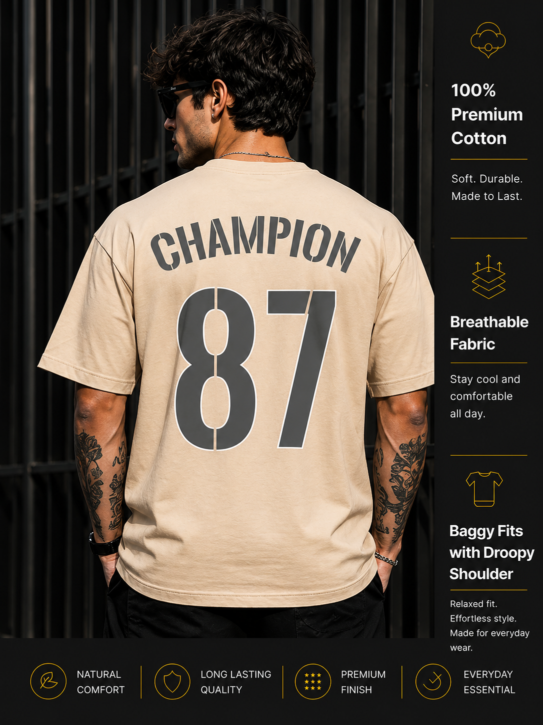 Men's Oversized Drop Shoulder T-Shirt | Cotton Blend Relaxed Fit Round Neck Streetwear Tee (Beige)