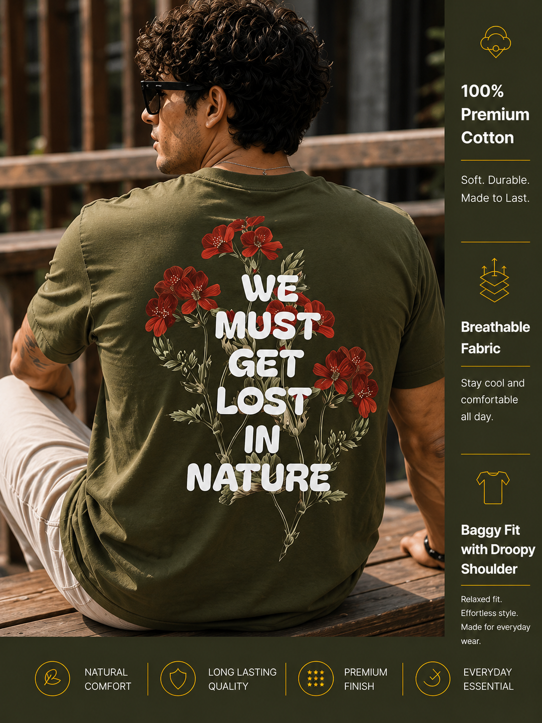 Men's Oversized Drop Shoulder T-Shirt | 100% Cotton Relaxed Fit Round Neck Streetwear Tee (Olive)
