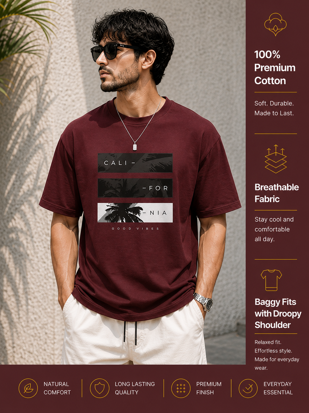 Men's Drop Shoulder T-Shirt | Pure Cotton Relaxed Fit Round Neck Streetwear Tee (Wine)