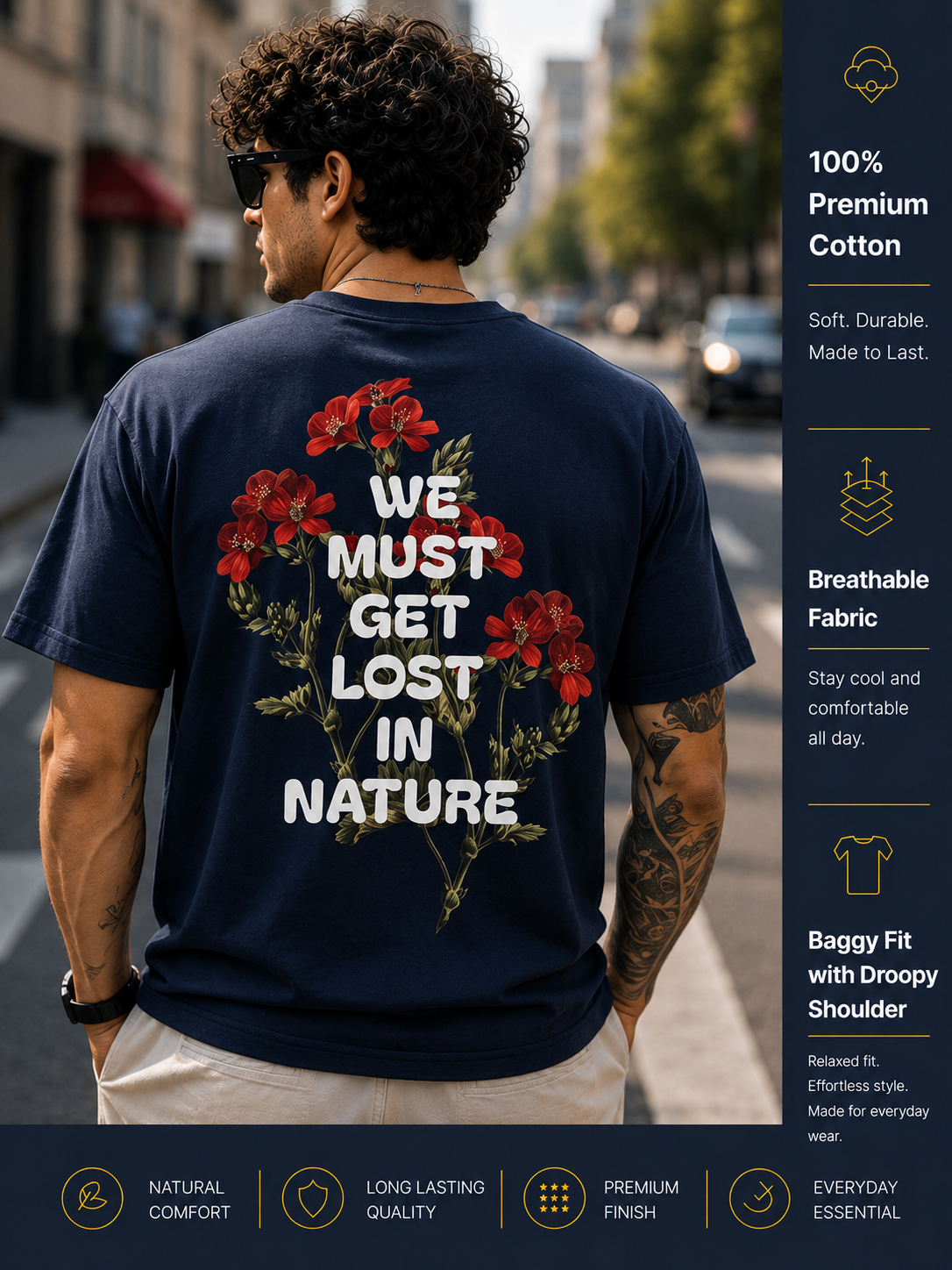 Men's Oversized Drop Shoulder T-Shirt | 100% Cotton Relaxed Fit Round Neck Streetwear Tee (Navy Blue)