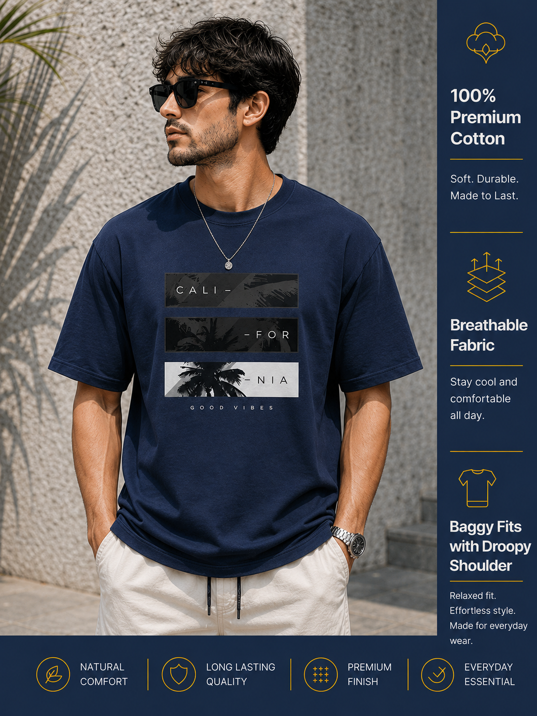 Men's Drop Shoulder T-Shirt | Pure Cotton Relaxed Fit Round Neck Streetwear Tee (Navy Blue)