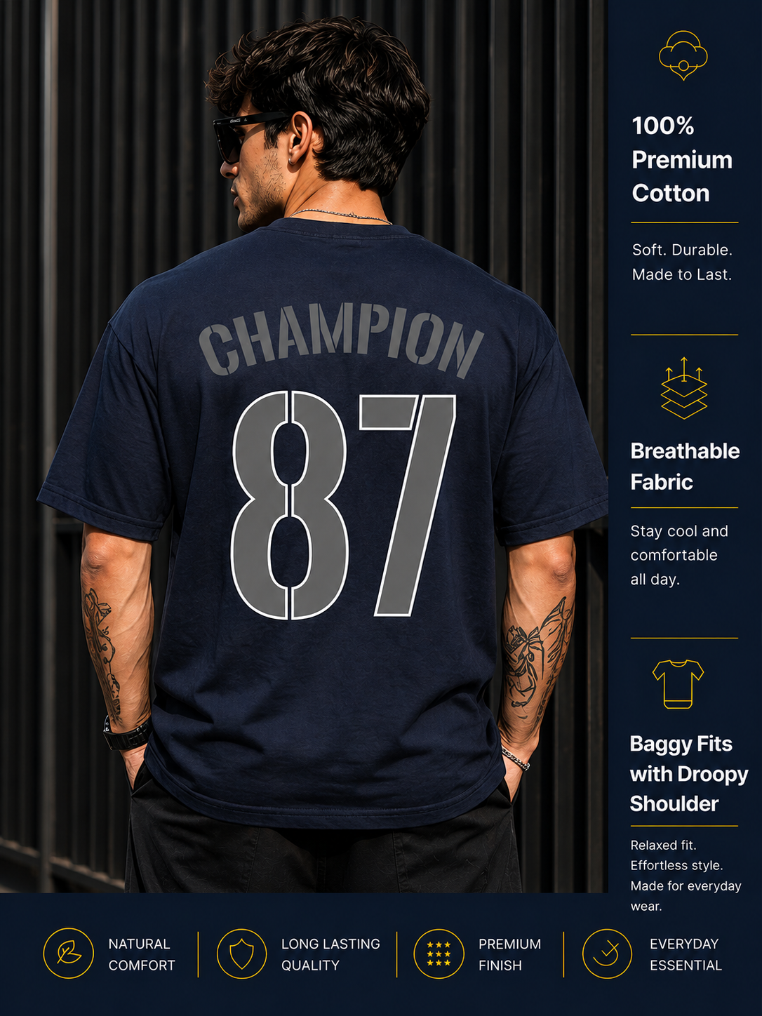 Men's Oversized Drop Shoulder T-Shirt | Cotton Blend Relaxed Fit Round Neck Streetwear Tee (Navy Blue)