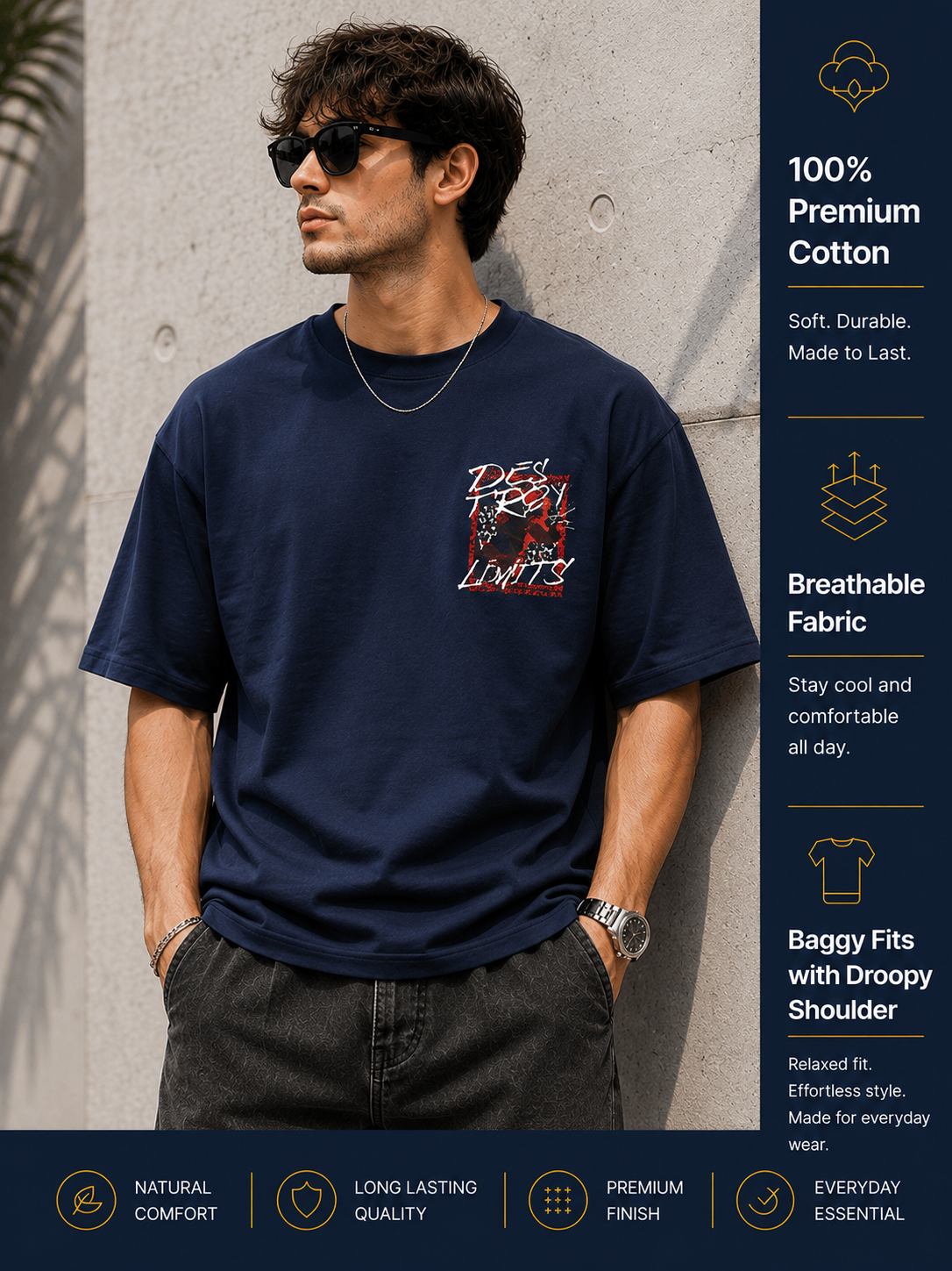 Men's Oversized Drop Shoulder T-Shirt | Pure Cotton Round Neck Relaxed Fit Streetwear Tee (Navy Blue)