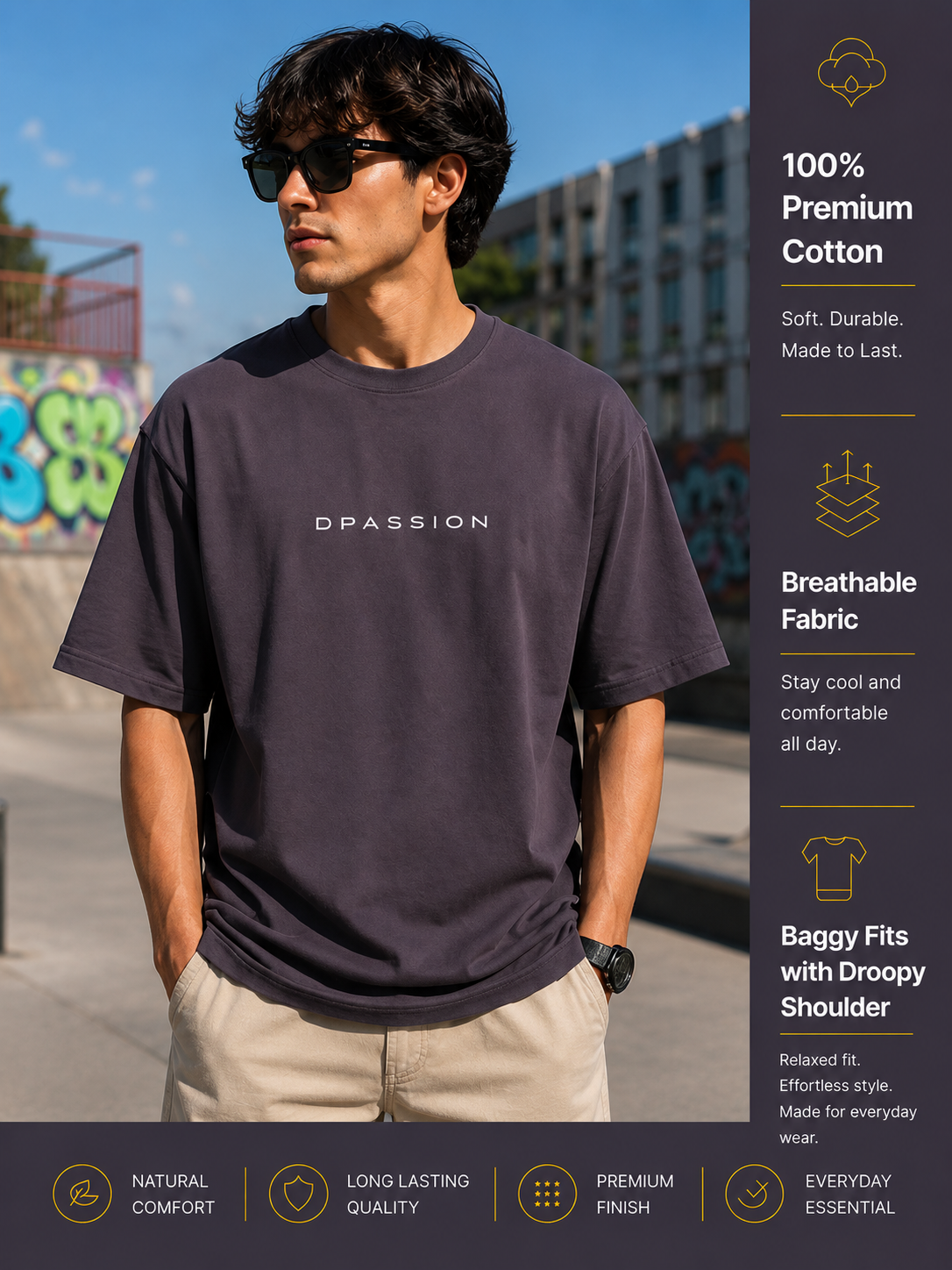 Men's Oversized Drop Shoulder T-Shirt | Pure Cotton Activewear Relaxed Fit Round Neck Streetwear Tee (Grey)