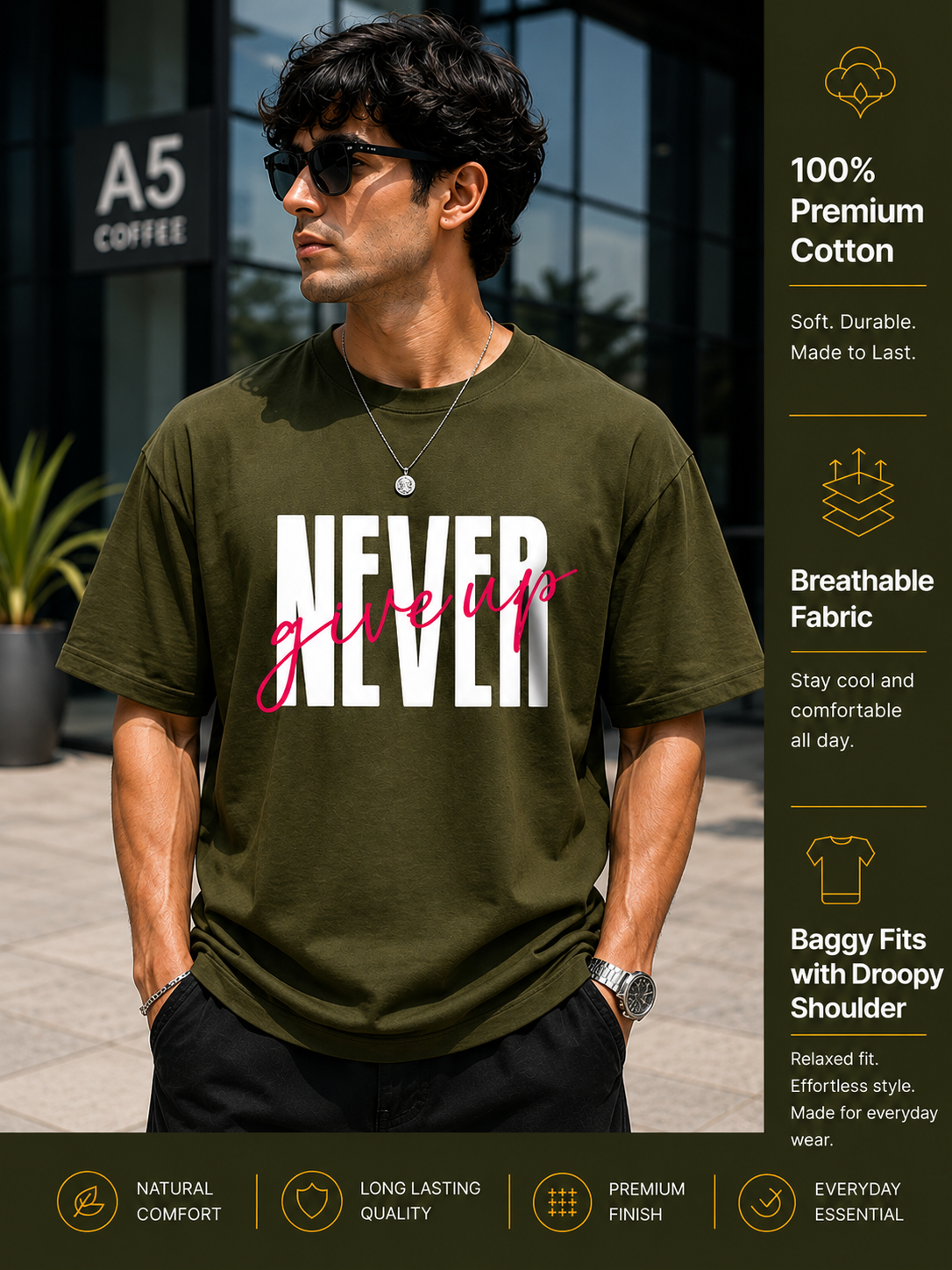 Men's Oversized T-Shirt | Pure Cotton Relaxed Fit Round Neck Streetwear Tee (Olive)