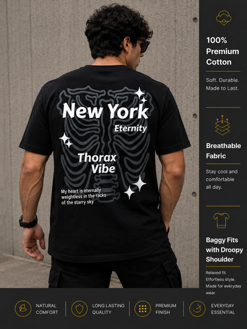 Men's Oversized Drop Shoulder T-Shirt | Pure Cotton Relaxed Fit Round Neck Tee (Black)