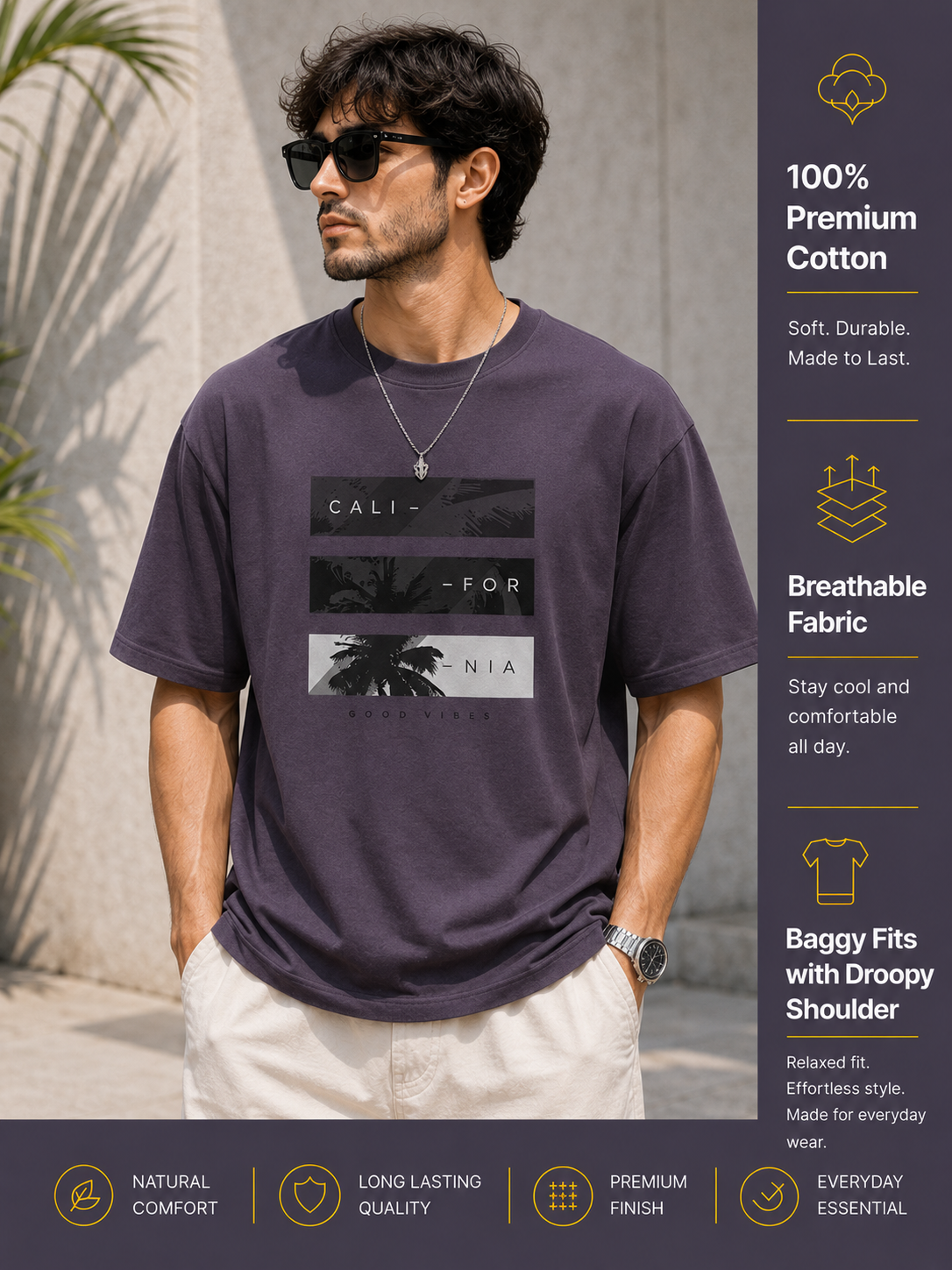 Men's Drop Shoulder T-Shirt | Pure Cotton Relaxed Fit Round Neck Streetwear Tee (Grey)