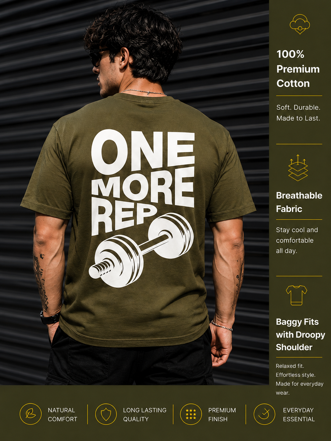 Men's Oversized Drop Shoulder T-Shirt | Cotton Relaxed Fit Round Neck Streetwear Tee (Olive)